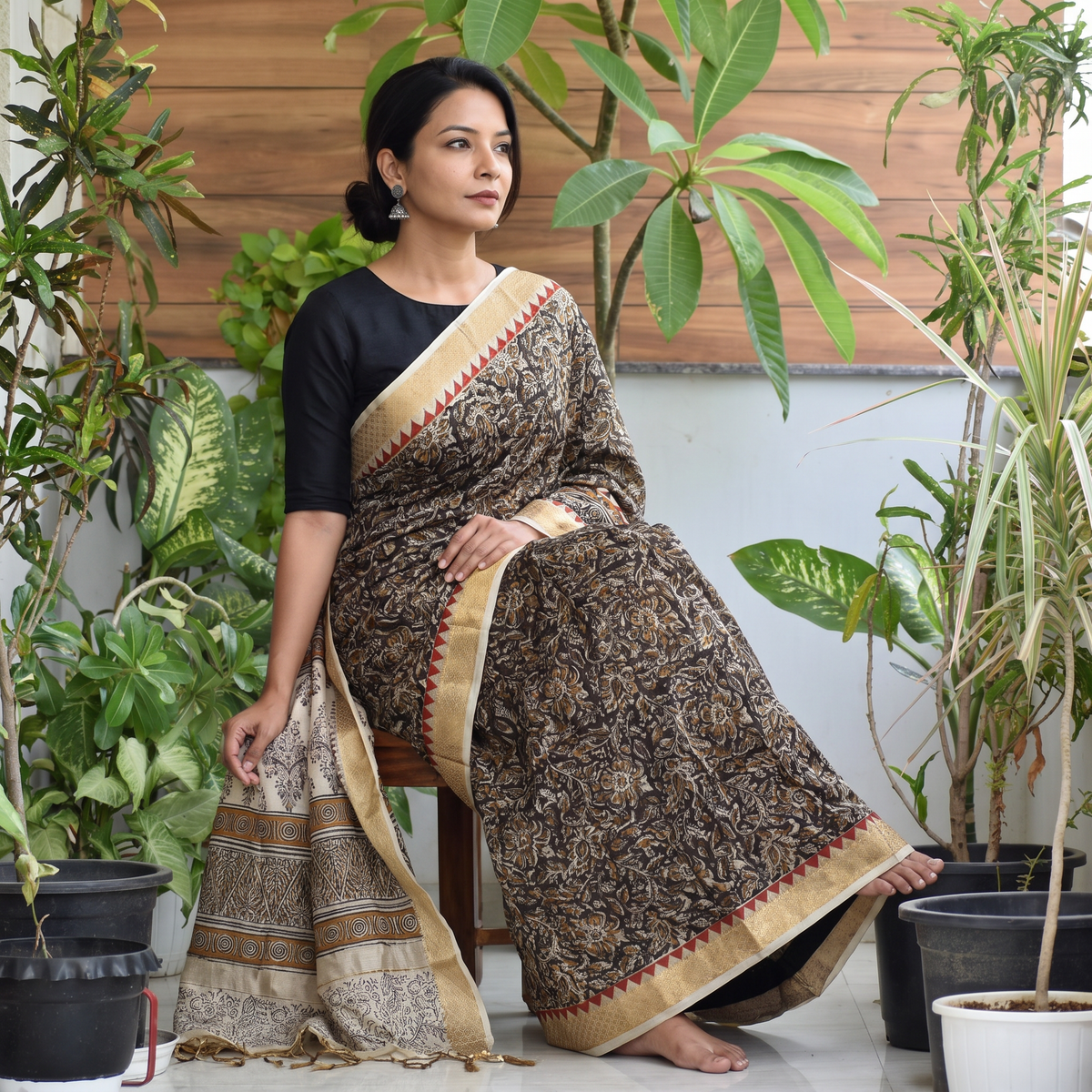 Multicolor Natural Dyed Pedana Block Print Chanderi Silk Kalamkari Saree, draped and worn by a woman, AI visual of the saree, iTokri