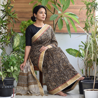 Multicolor Natural Dyed Pedana Block Print Chanderi Silk Kalamkari Saree, draped and worn by a woman, AI visual of the saree, iTokri
