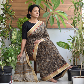 Multicolor Natural Dyed Pedana Block Print Chanderi Silk Kalamkari Saree, draped and worn by a woman, AI visual of the saree, iTokri