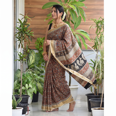 Multicolor Natural Dyed Pedana Block Print Chanderi Silk Kalamkari Saree, draped and worn by a woman, AI visual of the saree, iTokri