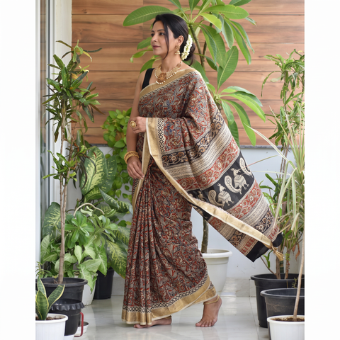Multicolor Natural Dyed Pedana Block Print Chanderi Silk Kalamkari Saree, draped and worn by a woman, AI visual of the saree, iTokri