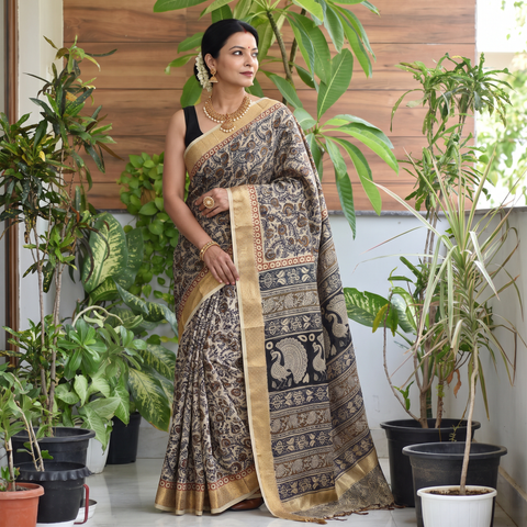 Beige Natural Dyed Pedana Block Print Chanderi Silk Kalamkari Saree, draped and worn by a woman, AI visual of the saree, iTokri