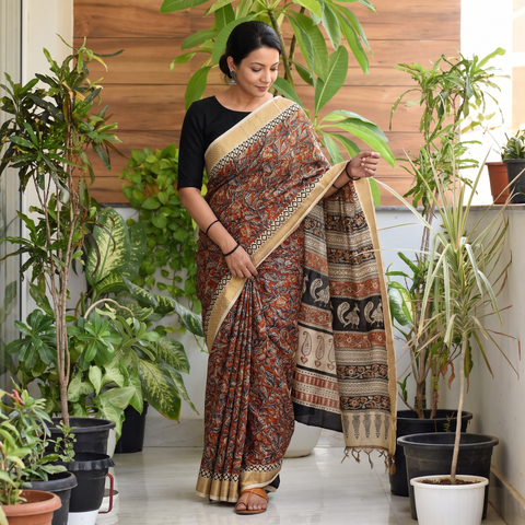 Orange Natural Dyed Pedana Block Print Chanderi Silk Kalamkari Saree, draped and worn by a woman, AI visual of the saree, iTokri