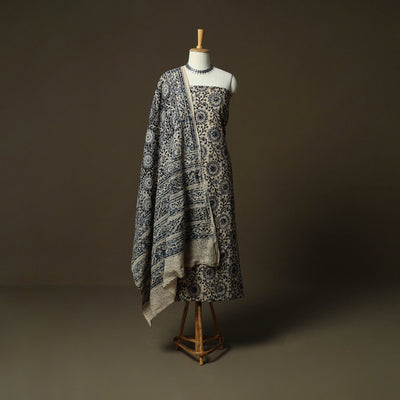 Beige - Natural Dyed Pedana Kalamkari Hand Block Print Cotton 3pc Unstitched Dress Material Suit Set 15