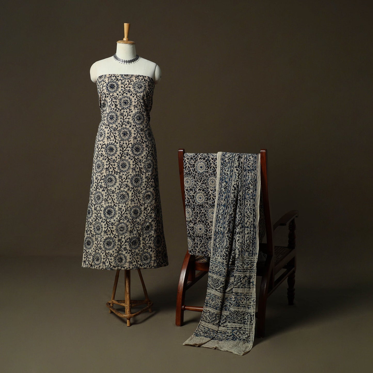 Natural dyed pedana kalamkari hand block print cotton 3pc