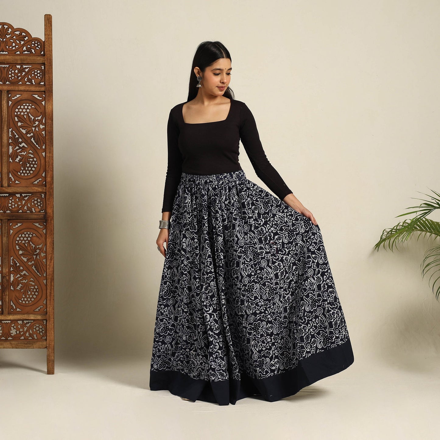 Navy Blue 24 Kali Patchwork Batik Print Cotton Long Skirt