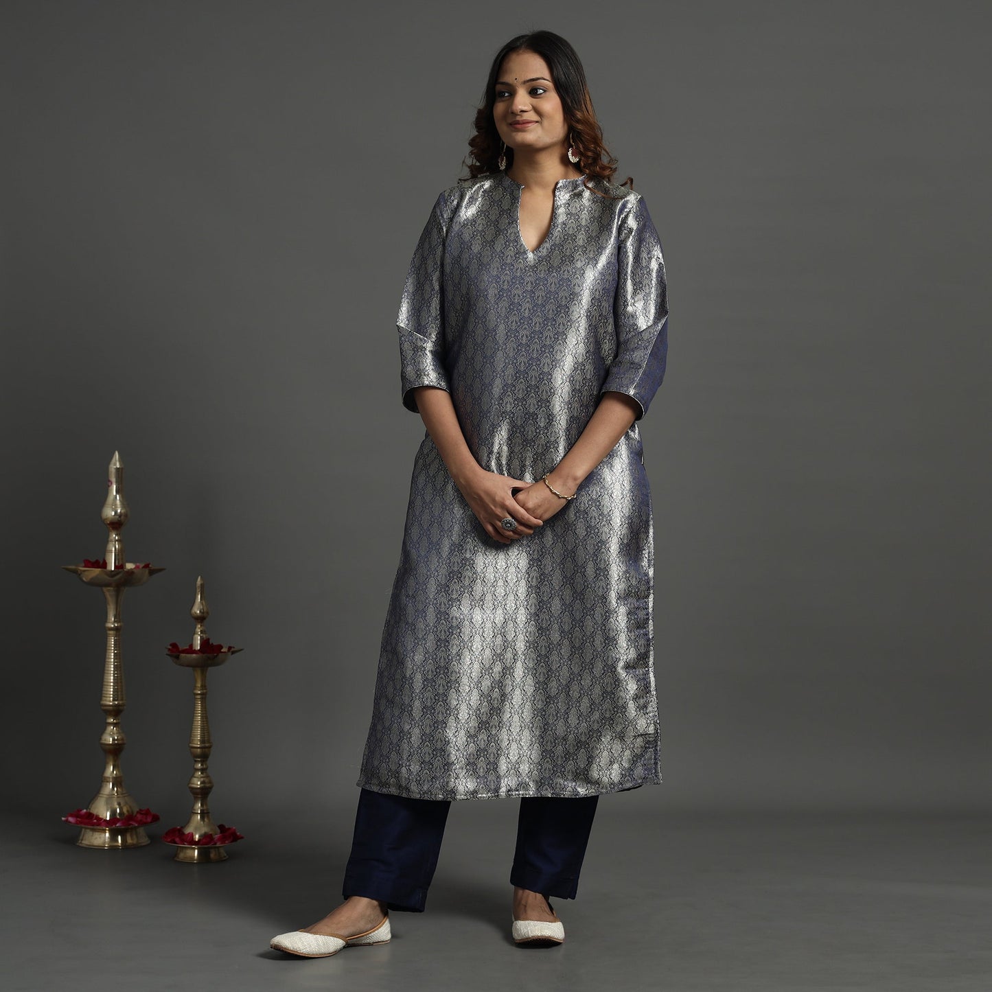 Navy blue - elegant banarasi brocade silk kurta with pant