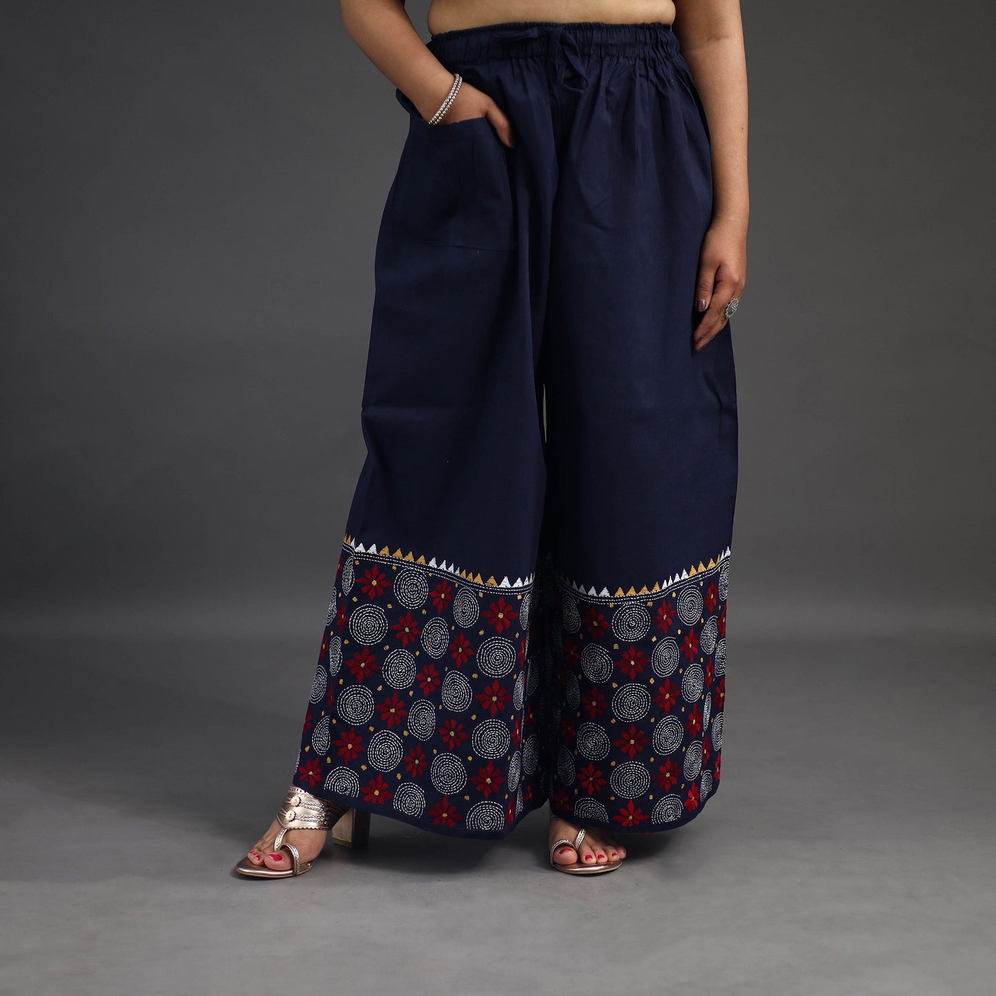 Navy blue - kantha hand embroidery palazzo in cotton 05