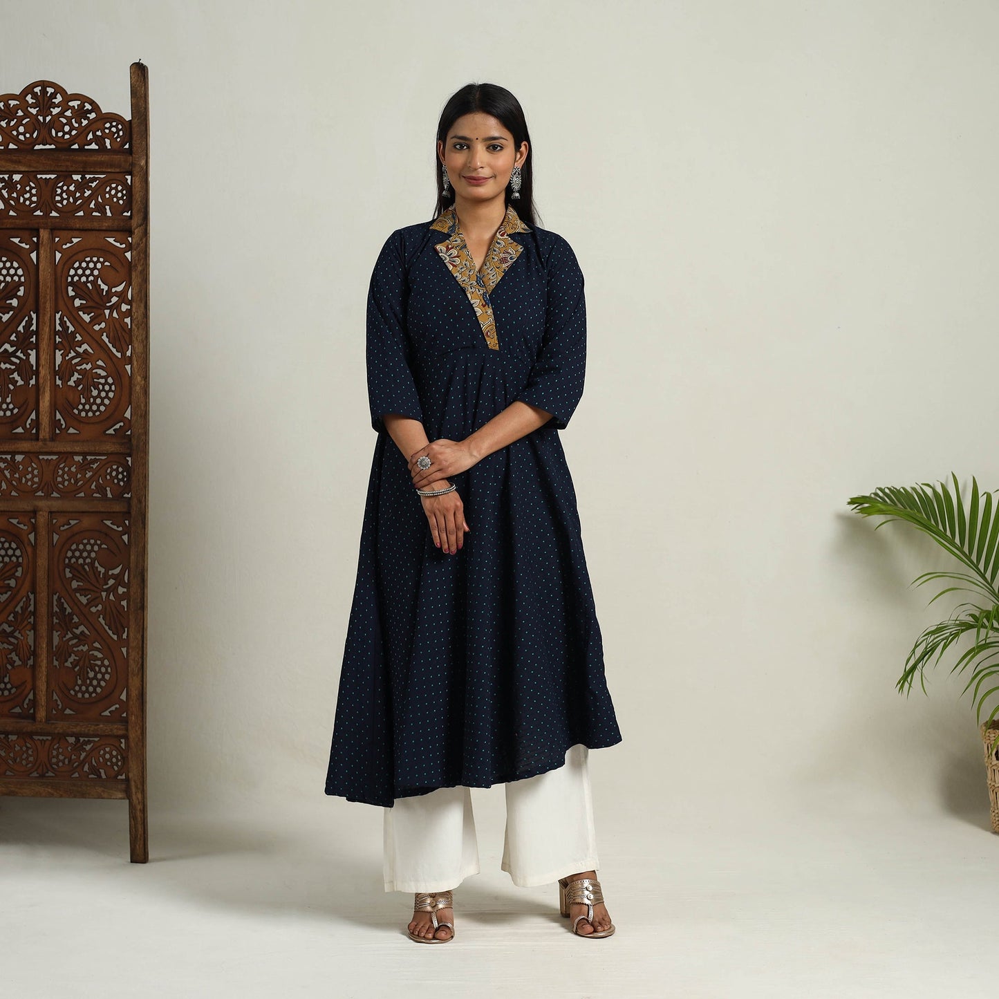 Mehfil Mosaic Cotton Flared Navy Blue Jacquard Kurta for Women