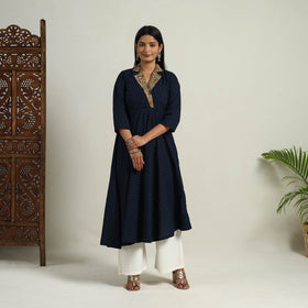 Mehfil Mosaic Cotton Flared Navy Blue Jacquard Kurta for Women