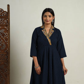 Mehfil Mosaic Cotton Flared Navy Blue Jacquard Kurta for Women