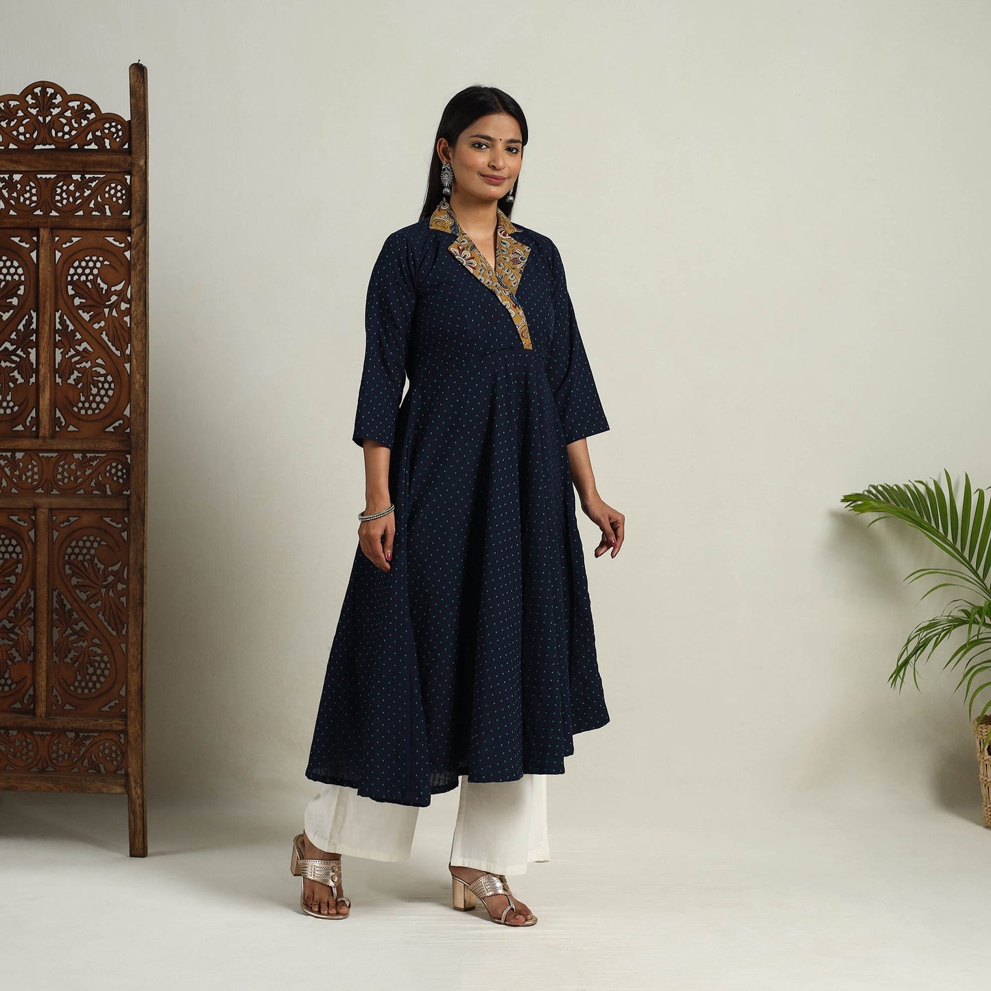 Mehfil Mosaic Cotton Flared Navy Blue Jacquard Kurta for Women