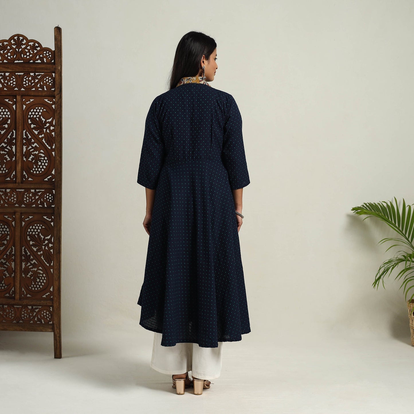 Mehfil Mosaic Cotton Flared Navy Blue Jacquard Kurta for Women