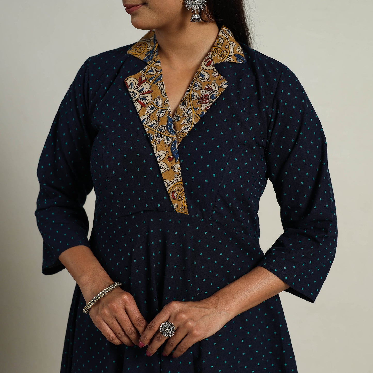 Mehfil Mosaic Cotton Flared Navy Blue Jacquard Kurta for Women