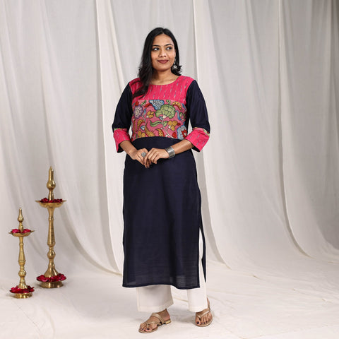 Navy Blue Naaz Slub Silk Straight Plain Kurta with Patchwork 