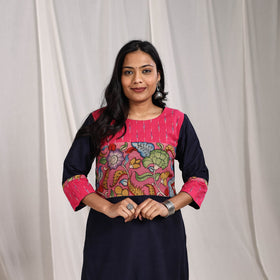 Navy Blue Naaz Slub Silk Straight Plain Kurta with Patchwork 