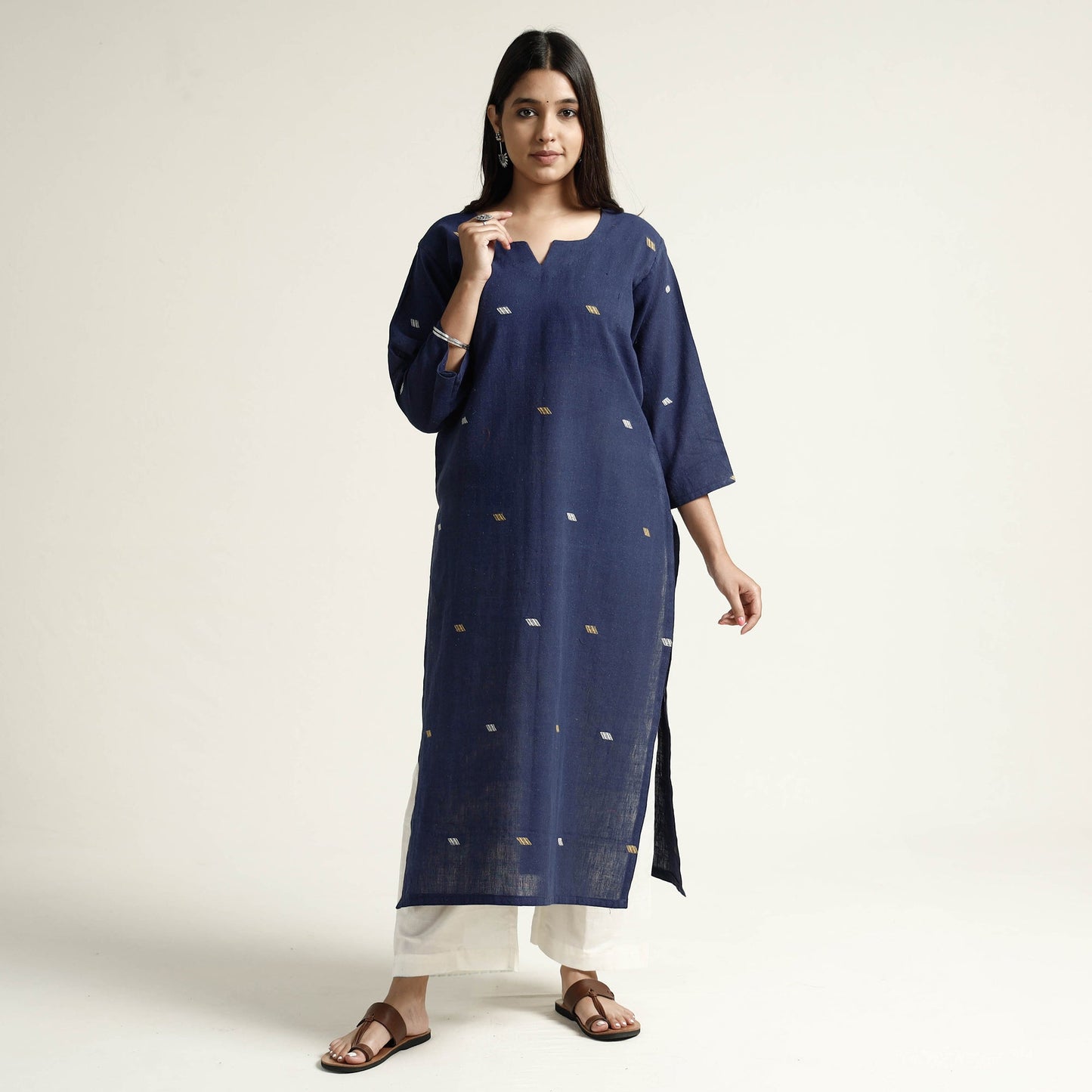 Red Organic Kala Cotton Handloom Small Buti Long Kurta for Women