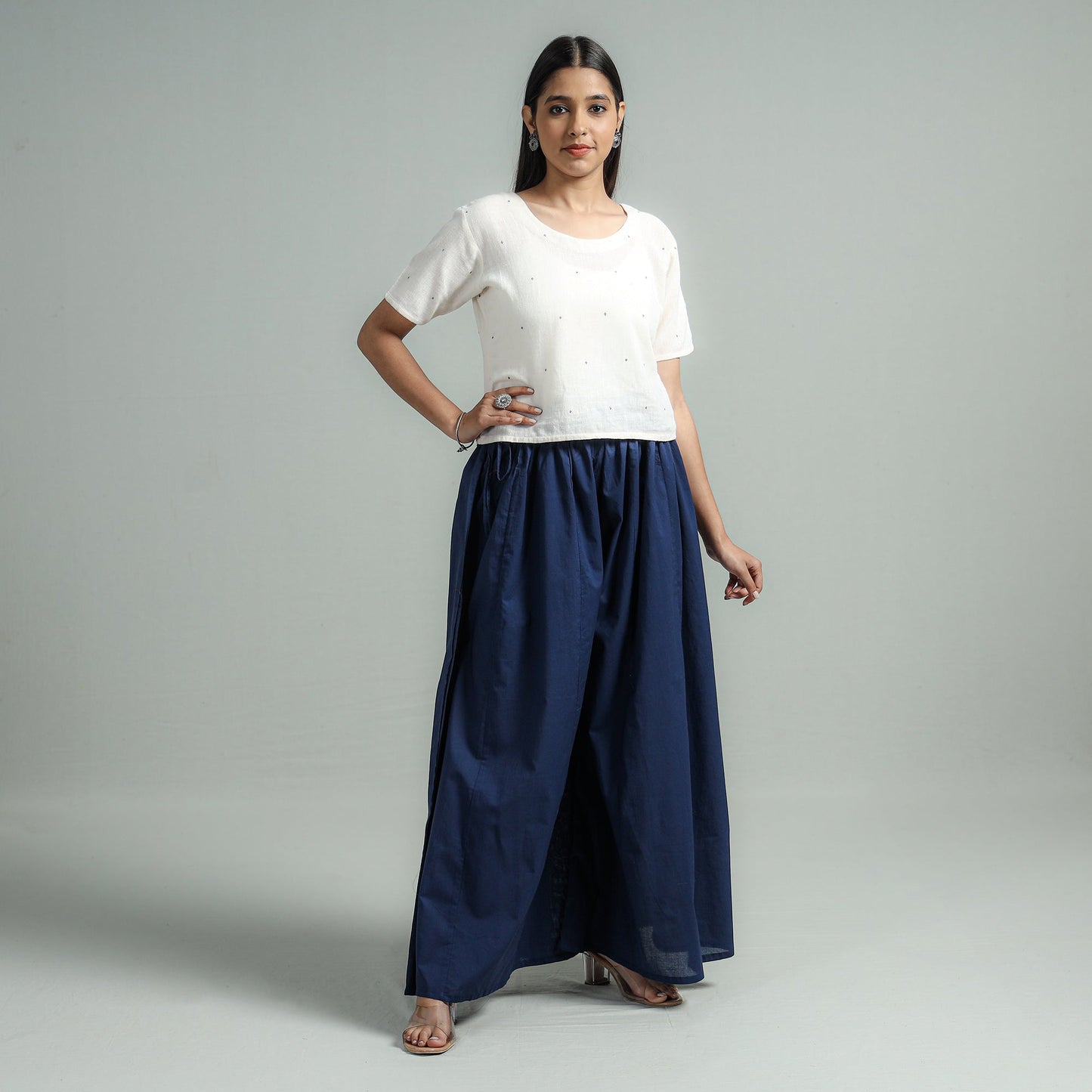Navy blue - plain dyed cotton flared palazzo - handcrafted