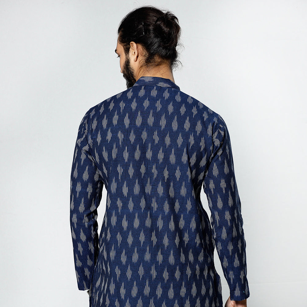 Navy blue - pochampally ikat weave cotton men short kurta