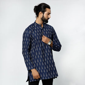 Navy blue - pochampally ikat weave cotton men short kurta