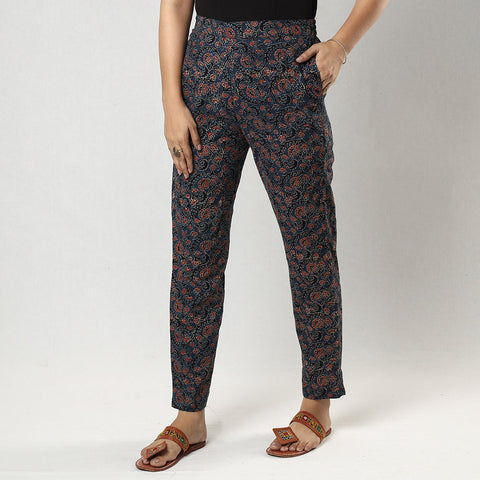 Buy Navy Blue Ajrakh Block Printing Cotton Tapered Casual Pant for Women Online at iTokri.com