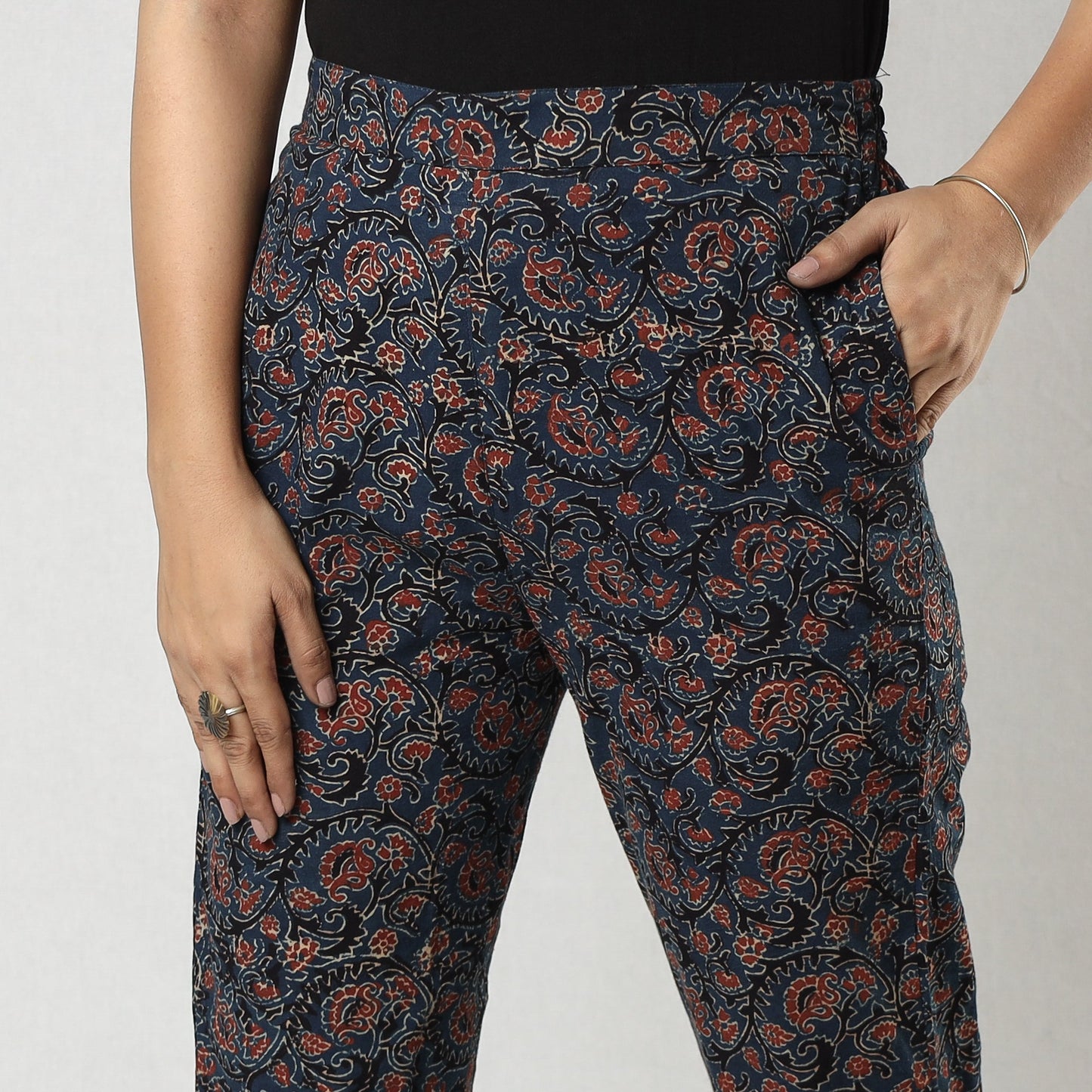 Buy Navy Blue Ajrakh Block Printing Cotton Tapered Casual Pant for Women Online at iTokri.com