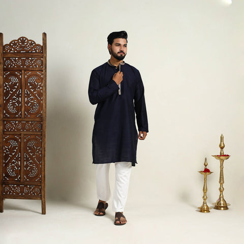 Navy Blue Slub Silk Kurta for Men with Embellished Neckline Work
