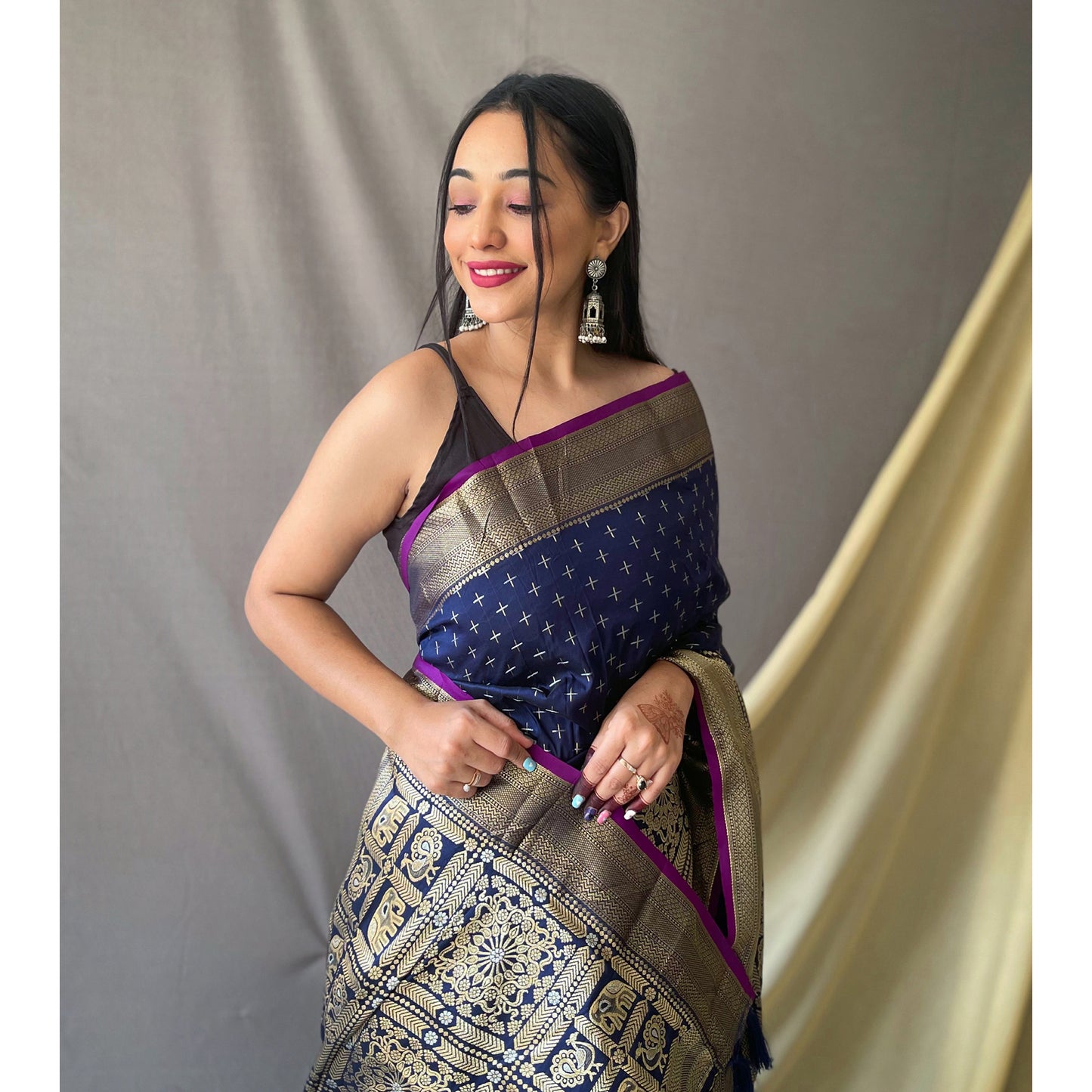 Blue - Suhasini Navy Soft Silk Handwork Saree