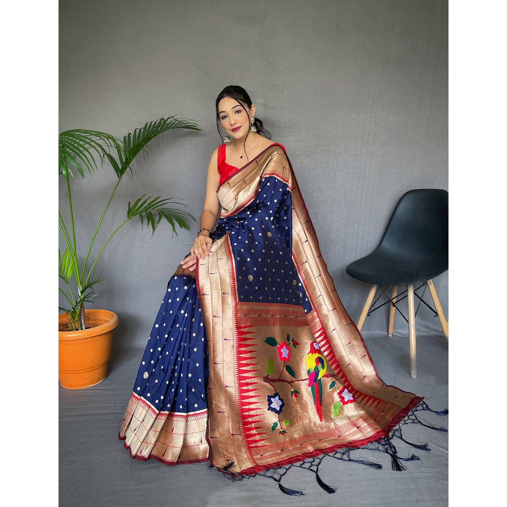 Blue - Polka Paithani Navy Paithani Silk Handwork Saree