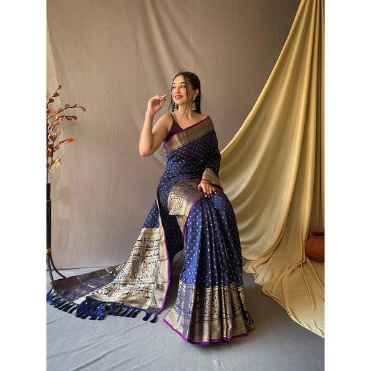 Blue - Suhasini Navy Soft Silk Handwork Saree