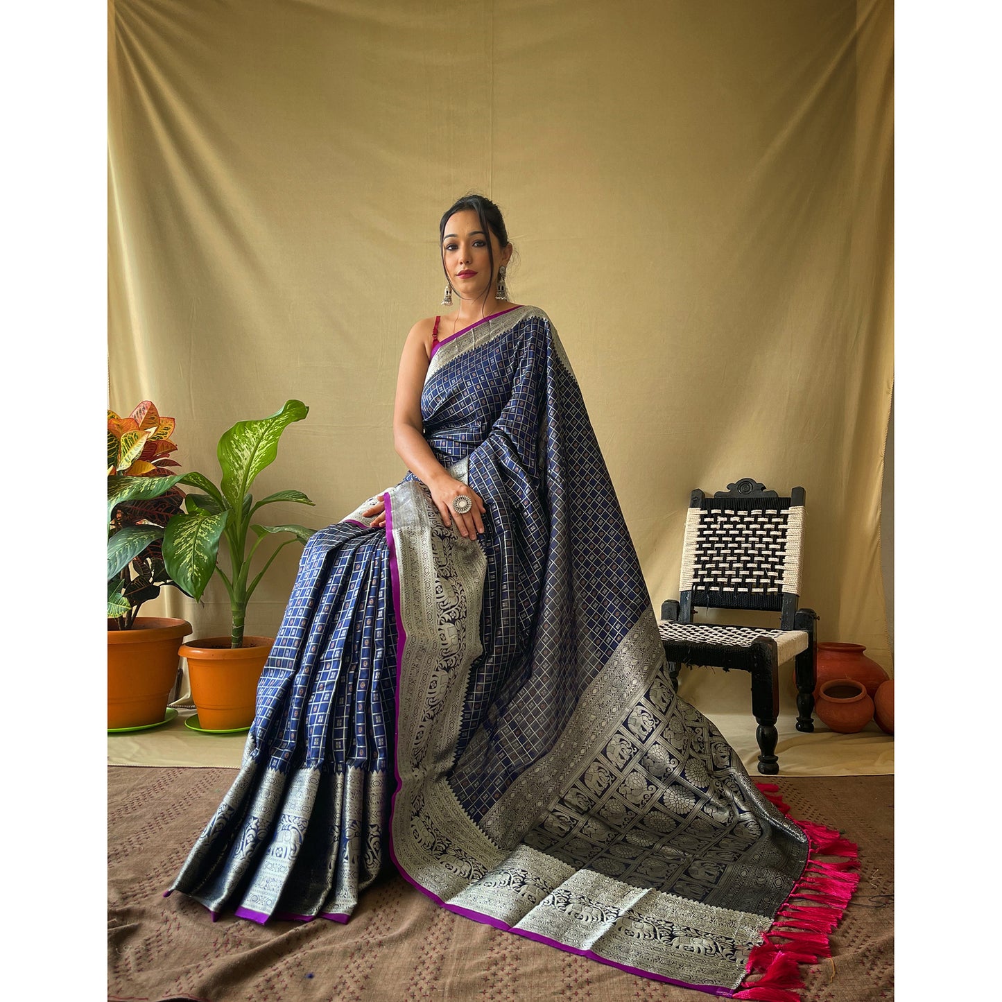 Blue - Khicha Checks Navy Litchi Silk Handwork Saree