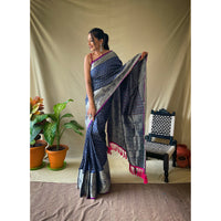 Blue - Khicha Checks Navy Litchi Silk Handwork Saree