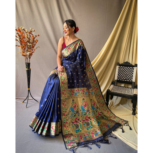 Paithani Navy Blue Paithani Silk Handwork Saree