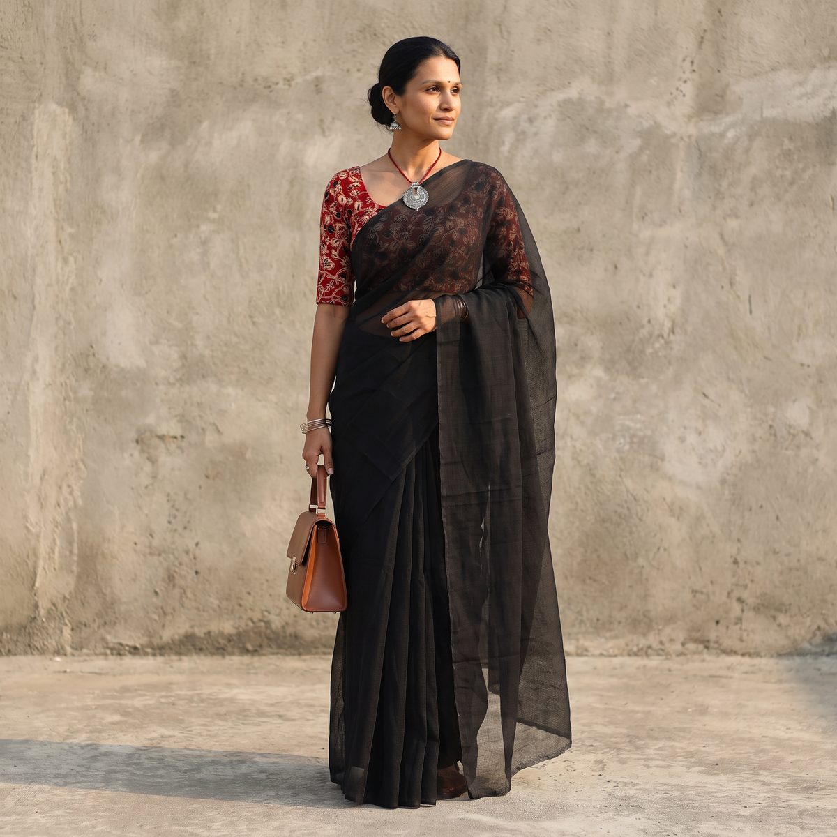 Black Nazaakat Kota Doria Cotton Plain Saree with Blouse & Jewellery Set, draped and worn by a woman, AI visual of the saree, iTokri