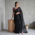 Black Nazaakat Kota Doria Cotton Plain Saree with Blouse & Jewellery Set, draped and worn by a woman, AI visual of the saree, iTokri