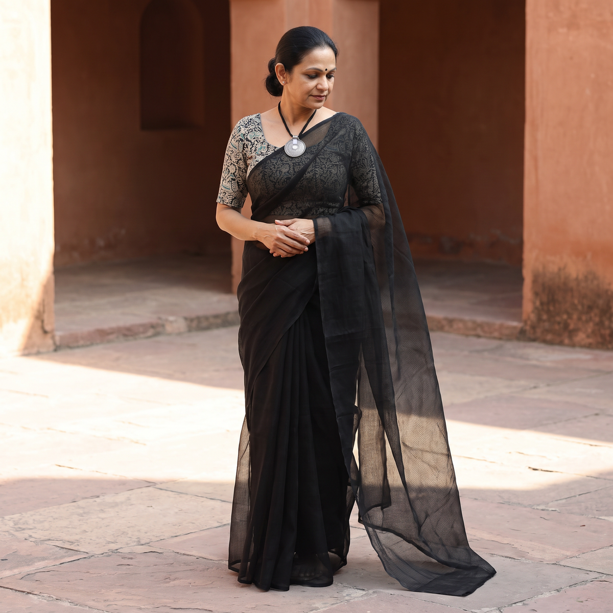 Black Nazaakat Kota Doria Cotton Plain Saree with Blouse & Jewellery Set, draped and worn by a woman, AI visual of the saree, iTokri