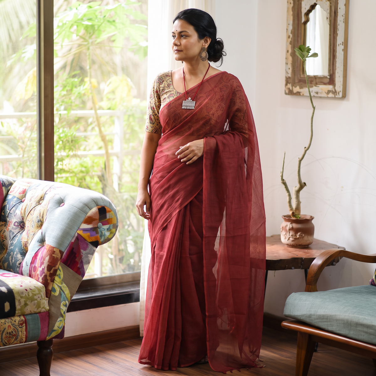 Red Nazaakat Kota Doria Cotton Plain Saree with Blouse & Jewellery Set, draped and worn by a woman, AI visual of the saree, iTokri