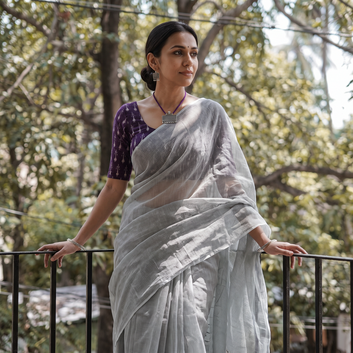 Grey Nazaakat Kota Doria Cotton Plain Saree with Blouse & Jewellery Set, draped and worn by a woman, AI visual of the saree, iTokri