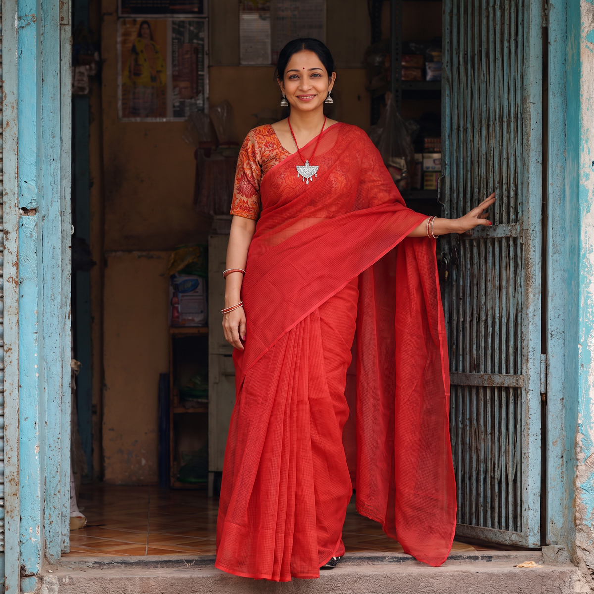 Red Nazaakat Kota Doria Cotton Plain Saree with Blouse & Jewellery Set, draped and worn by a woman, AI visual of the saree, iTokri