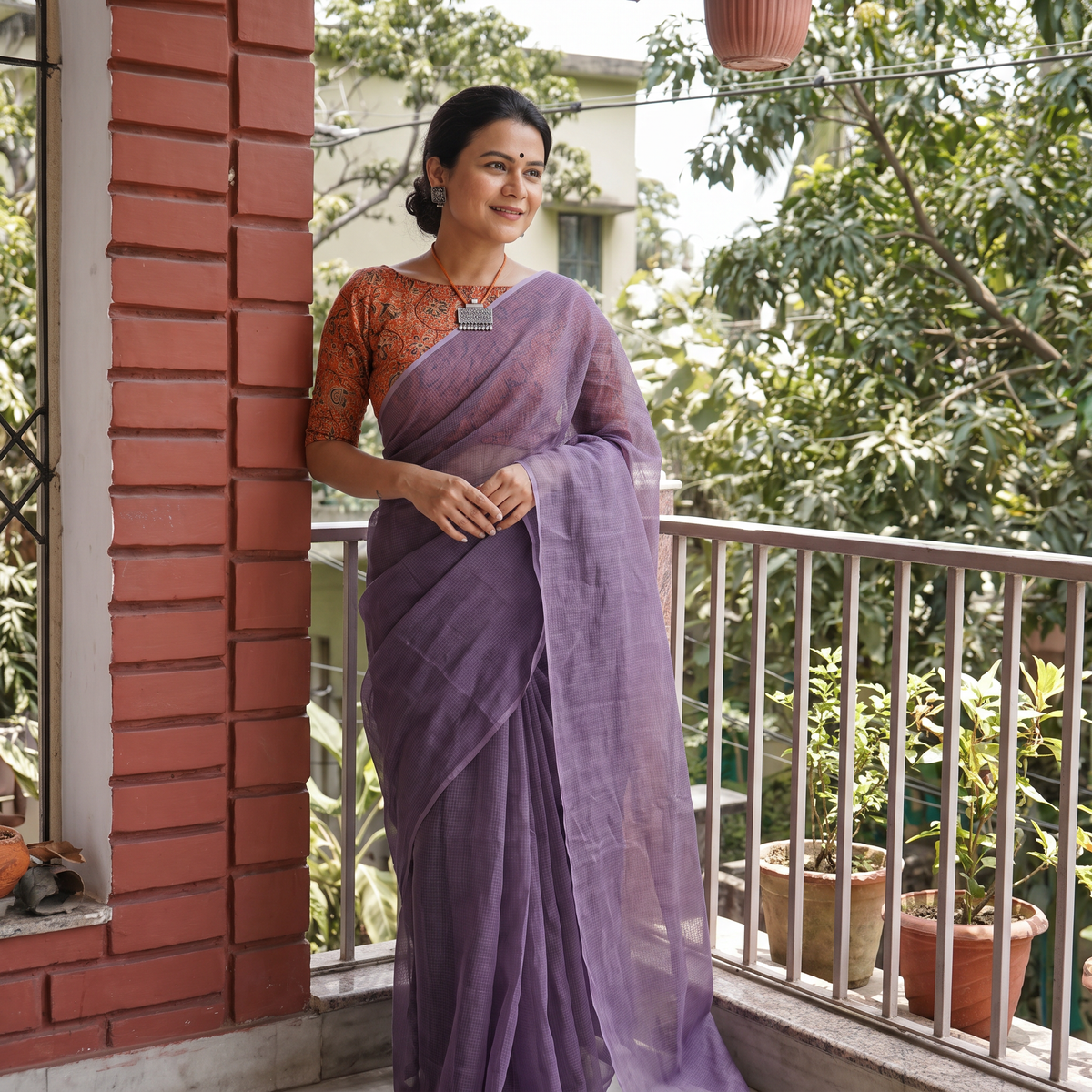 Purple Nazaakat Kota Doria Cotton Plain Saree with Blouse & Jewellery Set, draped and worn by a woman, AI visual of the saree, iTokri
