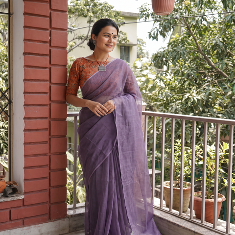 Purple Nazaakat Kota Doria Cotton Plain Saree with Blouse & Jewellery Set, draped and worn by a woman, AI visual of the saree, iTokri