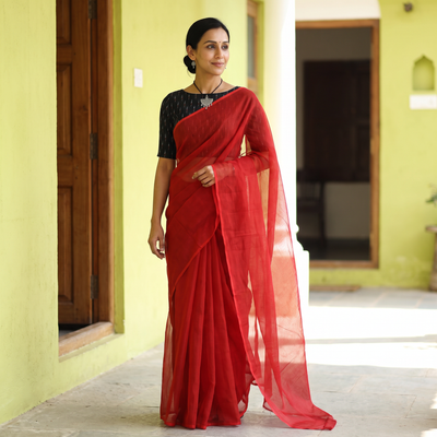 Red Nazaakat Kota Doria Cotton Plain Saree with Blouse & Jewellery Set, draped and worn by a woman, AI visual of the saree, iTokri
