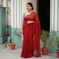 Red Nazaakat Kota Doria Cotton Plain Saree with Blouse & Jewellery Set, draped and worn by a woman, AI visual of the saree, iTokri