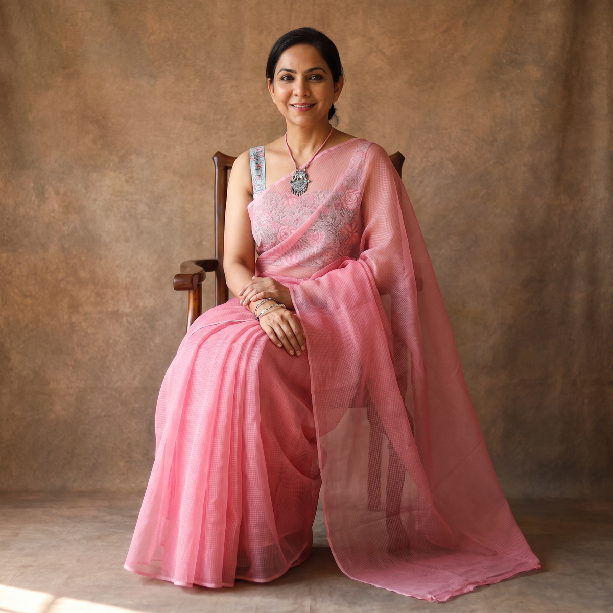 Pink Nazaakat Kota Doria Cotton Plain Saree with Blouse & Jewellery Set, draped and worn by a woman, AI visual of the saree, iTokri