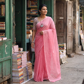 Pink Nazaakat Kota Doria Cotton Plain Saree with Blouse & Jewellery Set, draped and worn by a woman, AI visual of the saree, iTokri