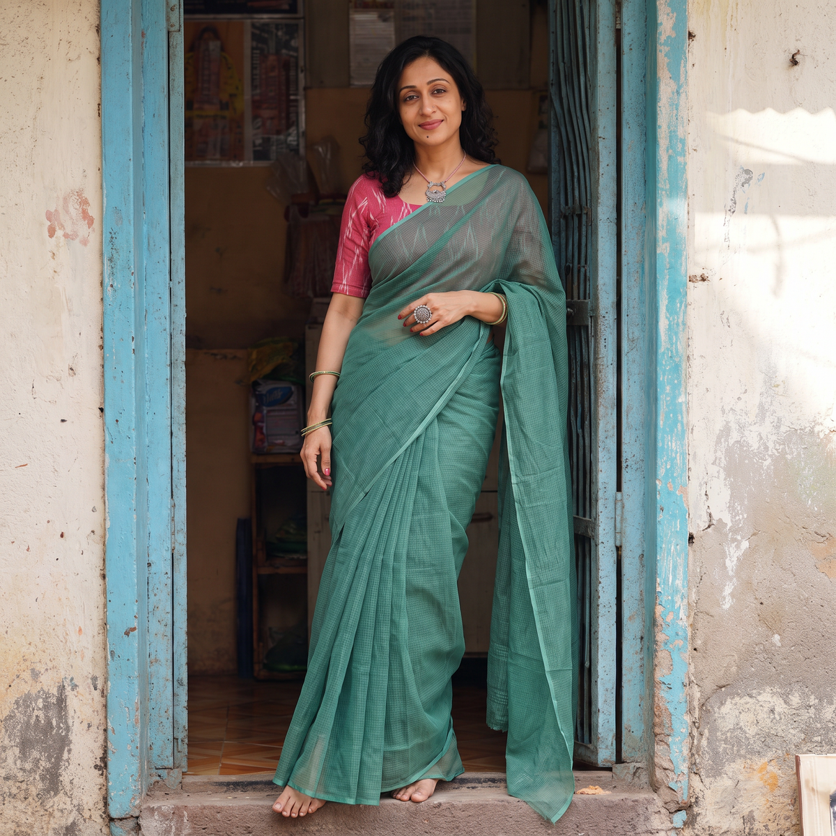 Green Nazaakat Kota Doria Cotton Plain Saree with Blouse & Jewellery Set, draped and worn by a woman, AI visual of the saree, iTokri