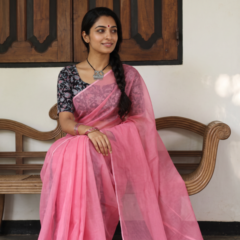 Pink Nazaakat Kota Doria Cotton Plain Saree with Blouse & Jewellery Set, draped and worn by a woman, AI visual of the saree, iTokri