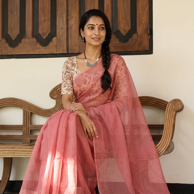 Pink Nazaakat Kota Doria Cotton Plain Saree with Blouse & Jewellery Set, draped and worn by a woman, AI visual of the saree, iTokri