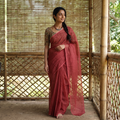 Red Nazaakat Kota Doria Cotton Plain Saree with Blouse & Jewellery Set, draped and worn by a woman, AI visual of the saree, iTokri