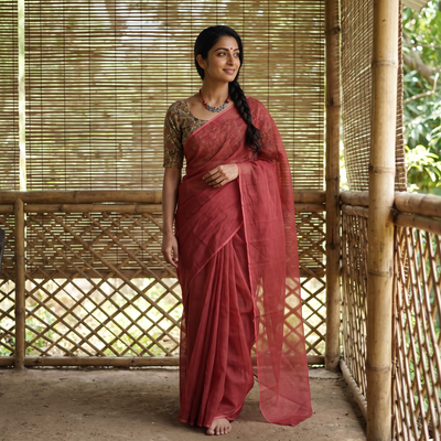 Red Nazaakat Kota Doria Cotton Plain Saree with Blouse & Jewellery Set, draped and worn by a woman, AI visual of the saree, iTokri